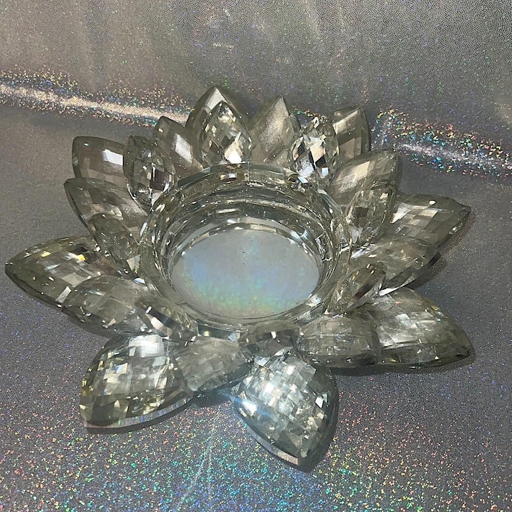 Large crystal candle holder lotus flower shiny sparkly silver mirrored luxury